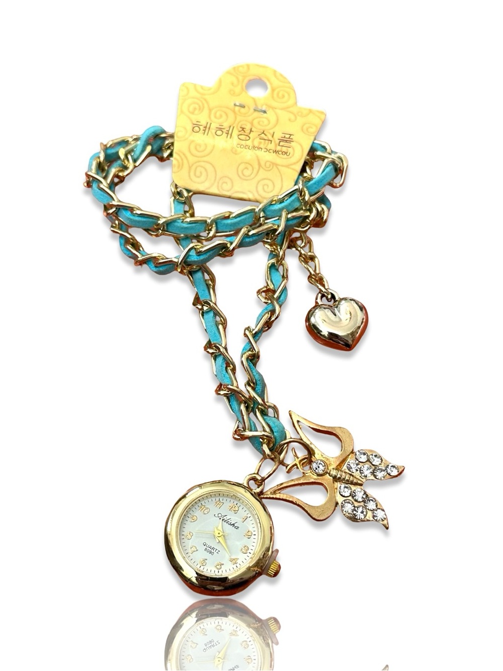 Gold-Tone Wrap Watch Bracelet with Turquoise Braided Chain and Charms